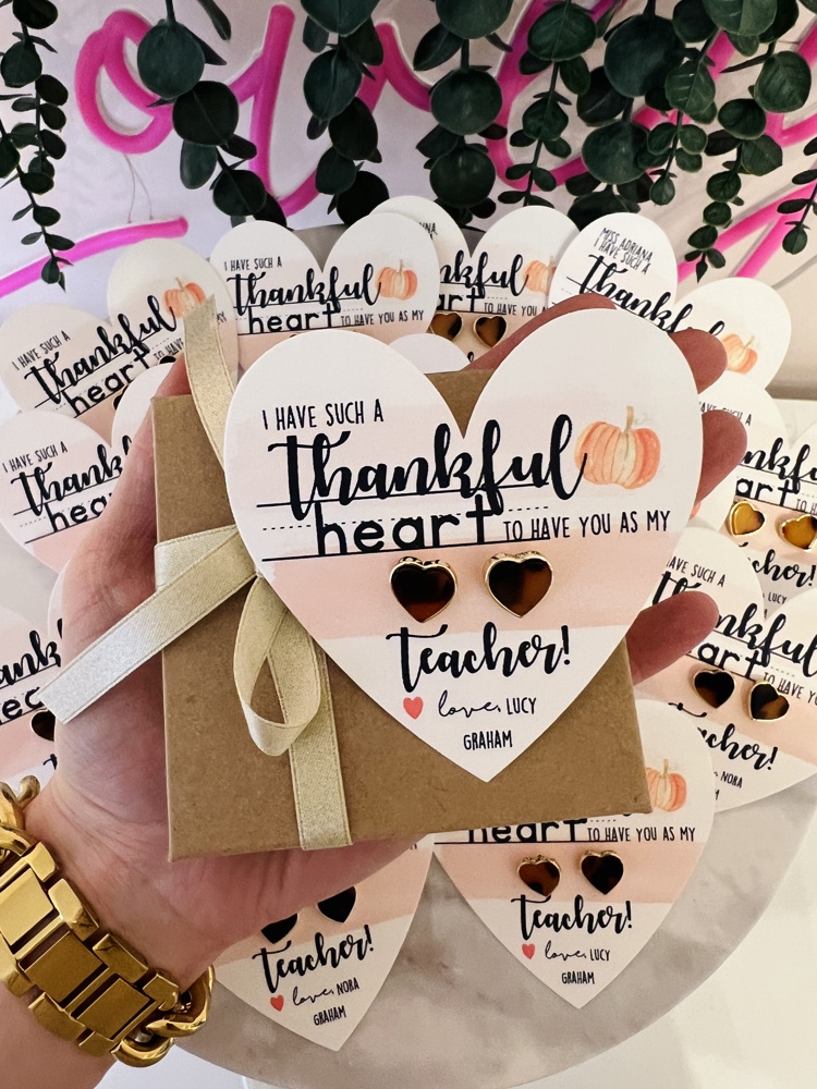 Thankful Heart Teacher Gift! Tortoise Shell Heart Studs, Thanksgiving Teacher Gift, Gratitude Gift! Card, box & ribbon included!