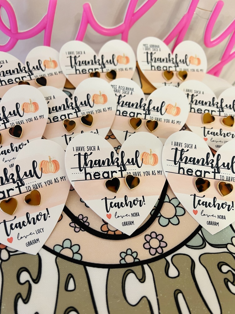 Thankful Heart Teacher Gift! Tortoise Shell Heart Studs, Thanksgiving Teacher Gift, Gratitude Gift! Card, box & ribbon included!