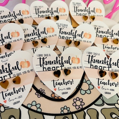 Thankful Heart Teacher Gift! Tortoise Shell Heart Studs, Thanksgiving Teacher Gift, Gratitude Gift! Card, box & ribbon included!