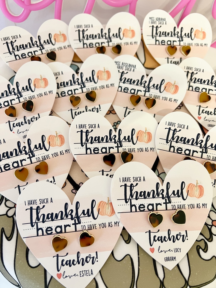 Thankful Heart Teacher Gift! Tortoise Shell Heart Studs, Thanksgiving Teacher Gift, Gratitude Gift! Card, box & ribbon included!