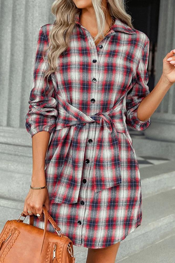 Love Kuza Tie Front Plaid Button Shirt Dress