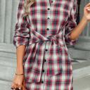 Red Small Love Kuza Tie Front Plaid Button Shirt Dress