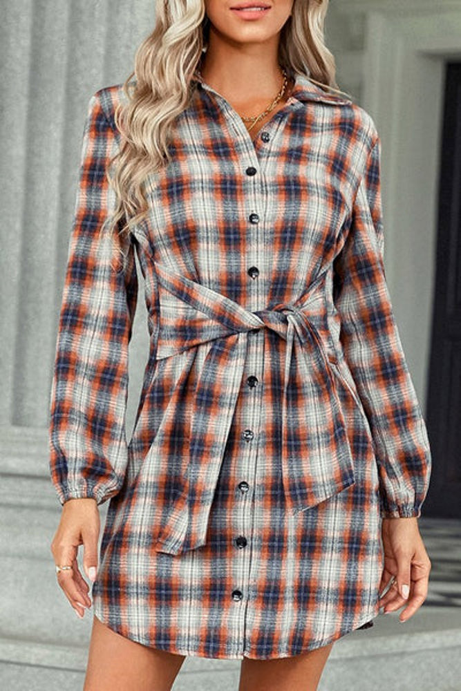 Love Kuza Tie Front Plaid Button Shirt Dress