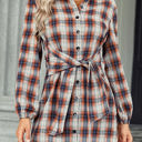 Orange Small Love Kuza Tie Front Plaid Button Shirt Dress