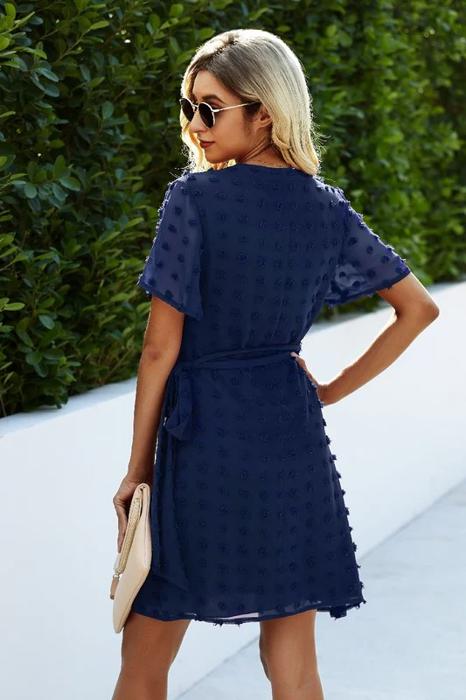 SALE!  Last Piece - Size L - Abstract Dotted Waist Tie Causal Dress