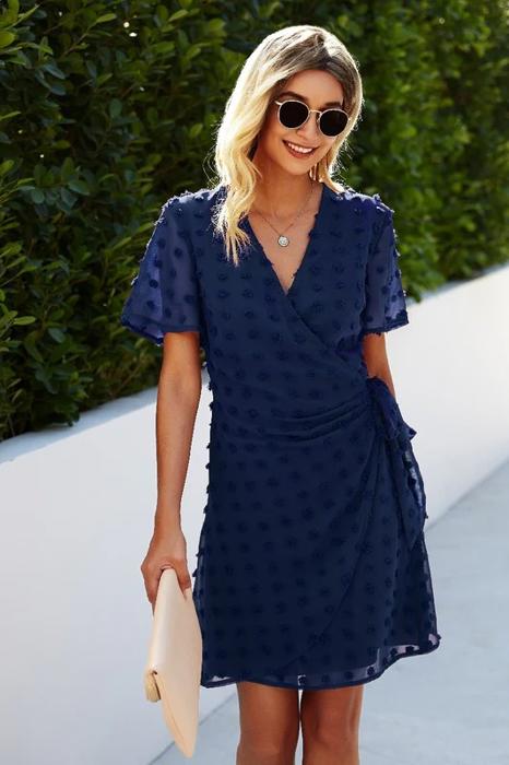 SALE!  Last Piece - Size L - Abstract Dotted Waist Tie Causal Dress