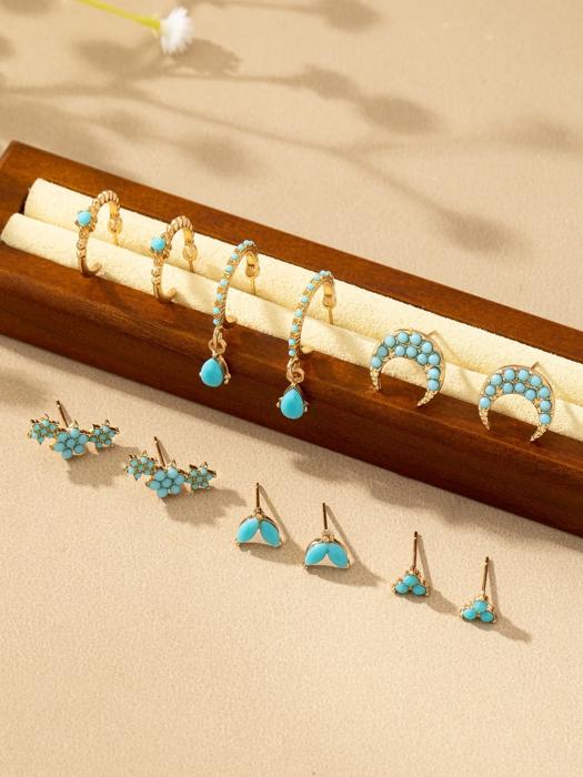 Very Carrot Set of 6 pairs assorted dainty turquoise with gold tone earrings