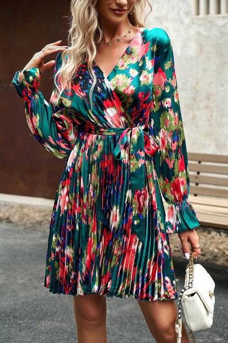 Love Kuza Artsy Floral V-Neck Pleated Dress 