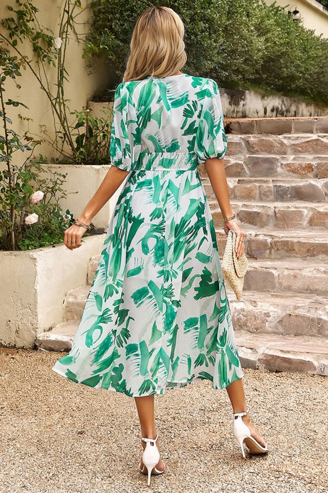 Love Kuza Bold Prints Puffy Sleeves Midi Dress