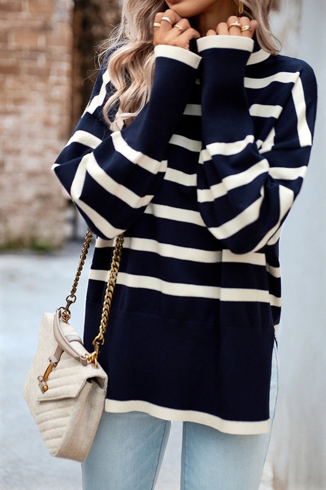 Love Kuza High Neck Striped Cozy Sweater