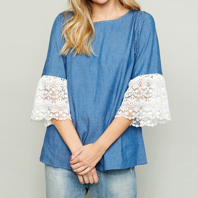 SALE!  Last Piece - Size S (Denim or Blush) - Love Kuza Pompous Crochet Sleeve Blouse