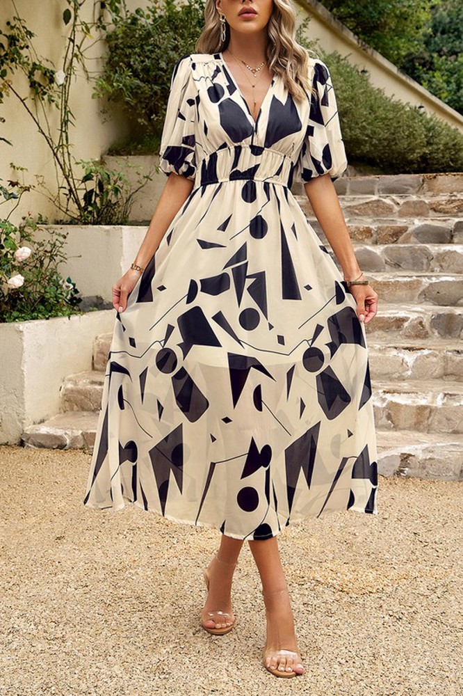 Love Kuza Bold Prints Puffy Sleeves Midi Dress