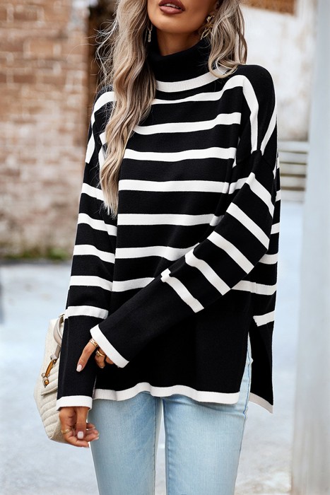 Love Kuza High Neck Striped Cozy Sweater