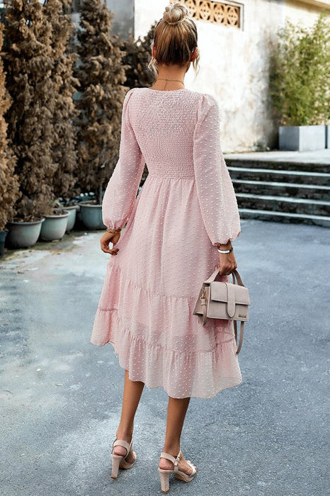 Love Kuza Long Sleeves Dotted Smocked Tiered Midi Dress