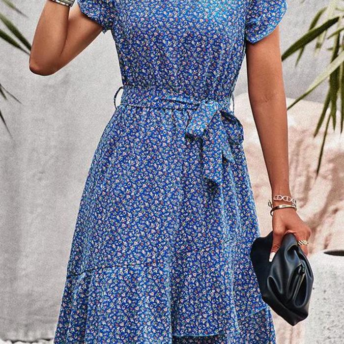 Love Kuza Ditsy Floral Tie Waist Ruffled Dress