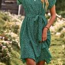 Green Small Love Kuza Ditsy Floral Tie Waist Ruffled Dress