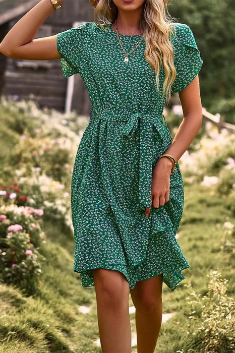 Love Kuza Ditsy Floral Tie Waist Ruffled Dress