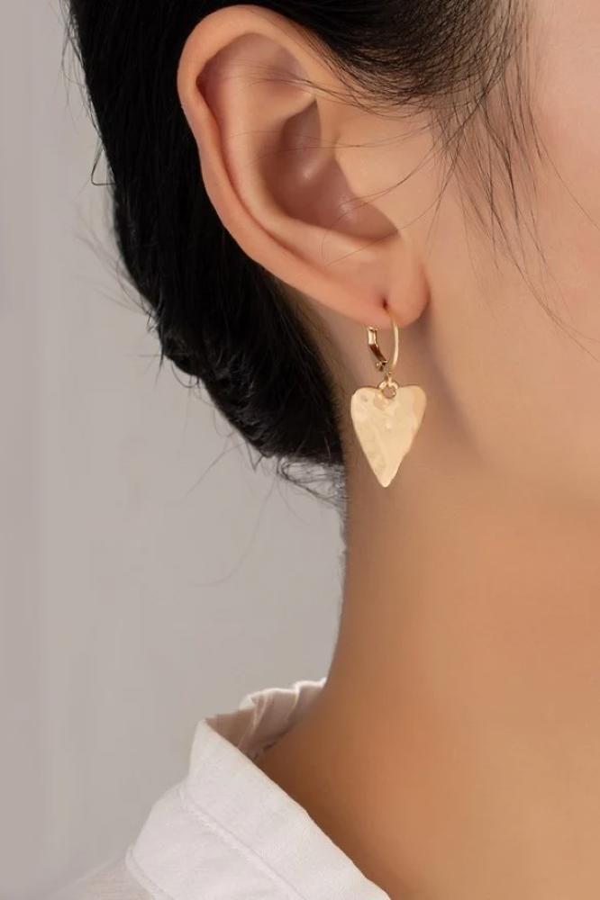 Very Carrot Hammered heart drop on a huggie hoop earrings