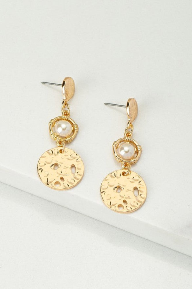 Very Carrot Pearl and Hammered Disk Drop Earrings