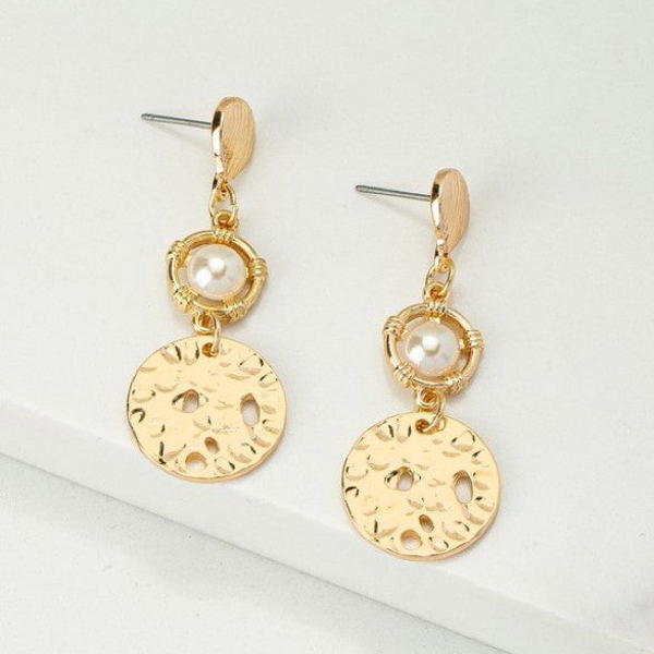 Very Carrot Pearl and Hammered Disk Drop Earrings