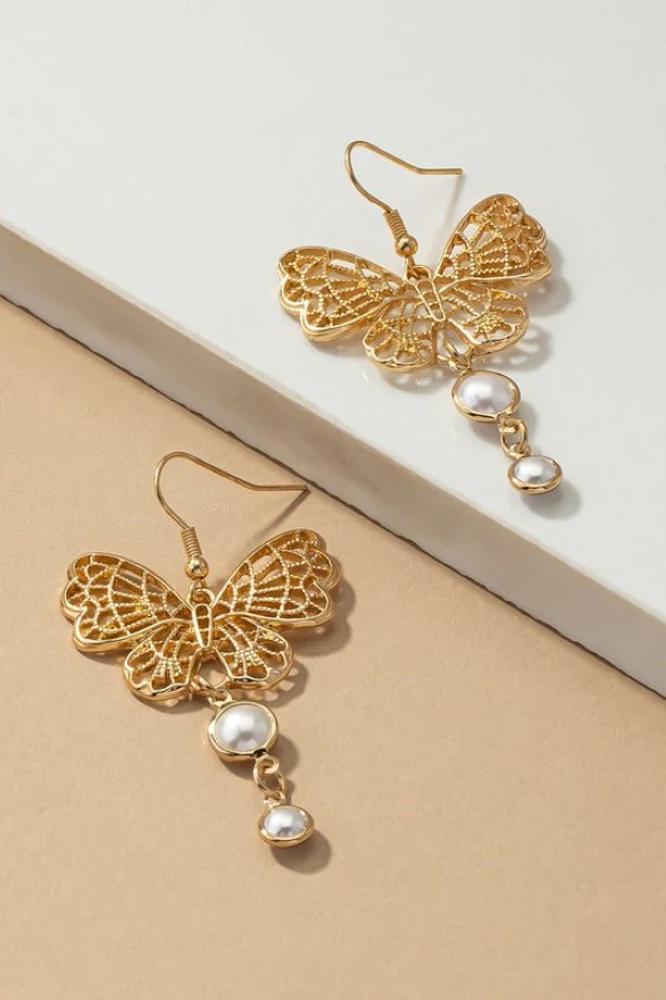 Very Carrot Filigree butterfly with pearl drop earrings