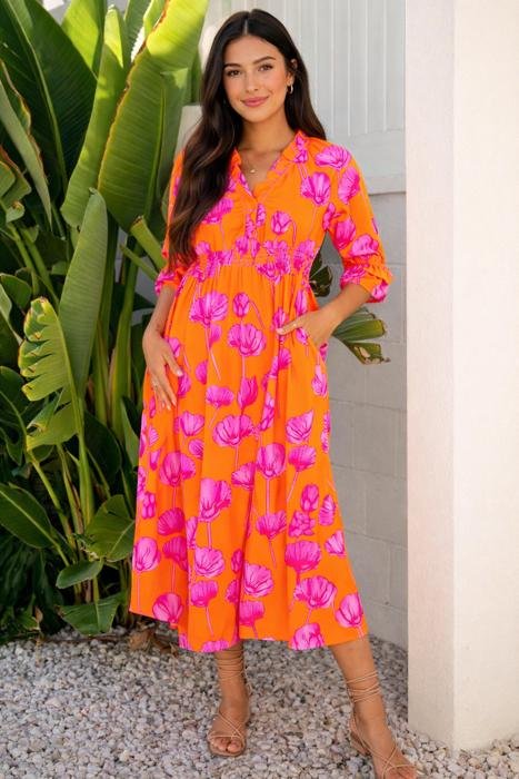 <.>- Neon Poppy Paradise Midi Dress