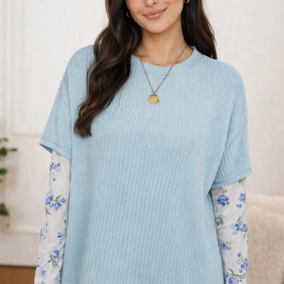 <.>- Sky Blossom Waffle Layered Top