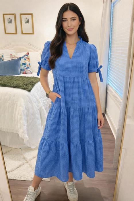 <.>- Sky Gingham Tie-Sleeve Midi Dress