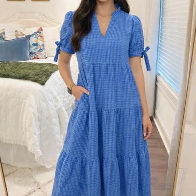 <.>- Sky Gingham Tie-Sleeve Midi Dress