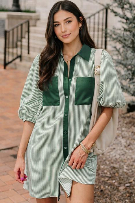 <.>- Sage Stripe Pocket Shirt Dress
