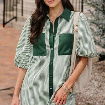 <.>- Sage Stripe Pocket Shirt Dress