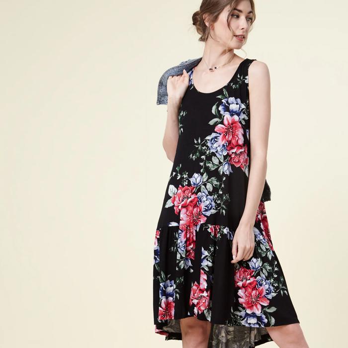 SALE!  Last Piece - Size S - only -Love Kuza - Made in USA - Black Floral Drop-Waist Dress