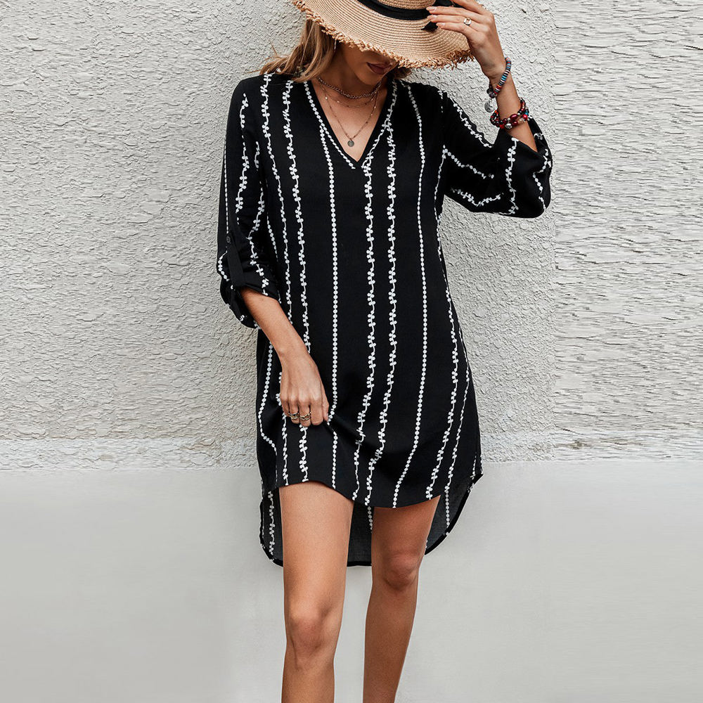 Love Kuza Geo Striped Tab Sleeve Tunic Dress