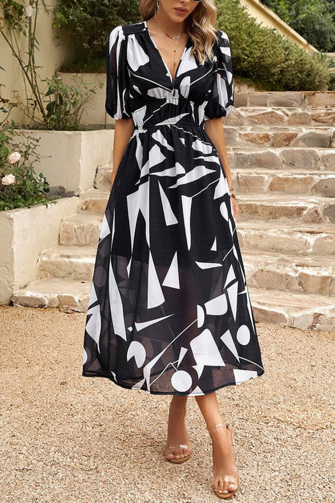 Love Kuza Bold Prints Puffy Sleeves Midi Dress