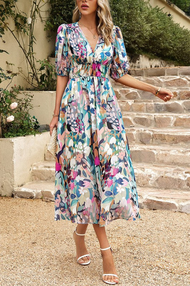 Love Kuza Bold Prints Puffy Sleeves Midi Dress