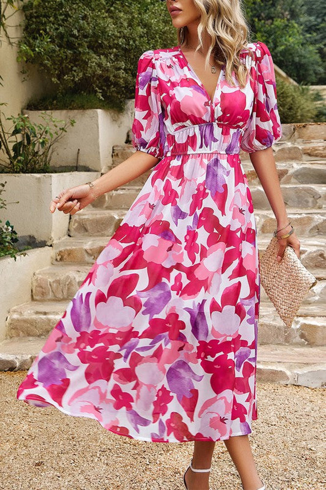 Love Kuza Bold Prints Puffy Sleeves Midi Dress