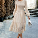 Beige Small Love Kuza Long Sleeves Dotted Smocked Tiered Midi Dress