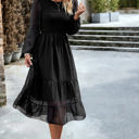 Black Large Love Kuza Long Sleeves Dotted Smocked Tiered Midi Dress