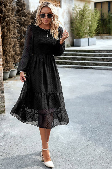 Love Kuza Long Sleeves Dotted Smocked Tiered Midi Dress