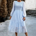 Blue Large Love Kuza Long Sleeves Dotted Smocked Tiered Midi Dress