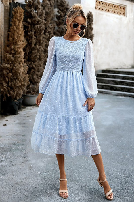 Love Kuza Long Sleeves Dotted Smocked Tiered Midi Dress