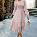 Pink Large Love Kuza Long Sleeves Dotted Smocked Tiered Midi Dress