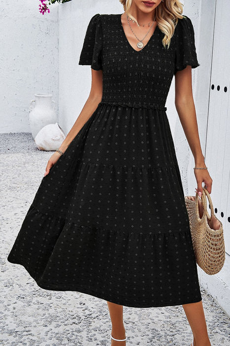 Love Kuza Dotted Smocked Tiered Midi Dress