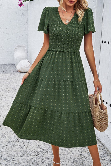 Love Kuza Dotted Smocked Tiered Midi Dress