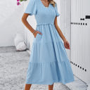 Sky Blue Large Love Kuza Dotted Smocked Tiered Midi Dress