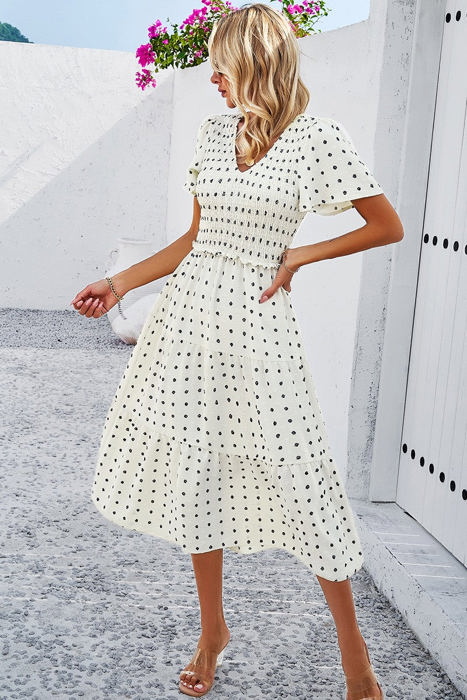 Love Kuza Dotted Smocked Tiered Midi Dress