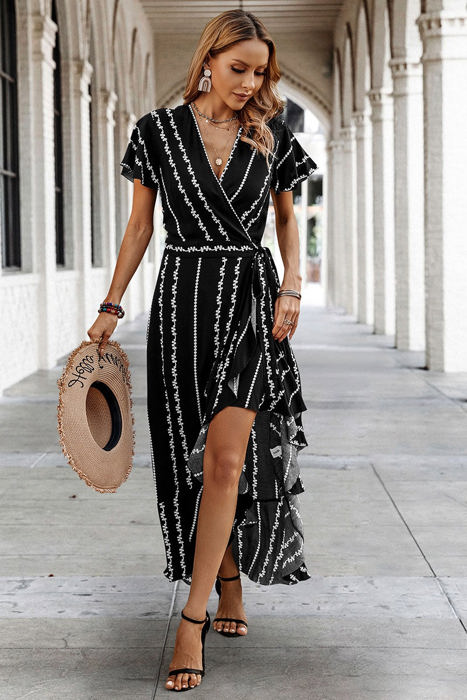 Love Kuza Geo Stripe Ruffled Maxi Wrap Dress