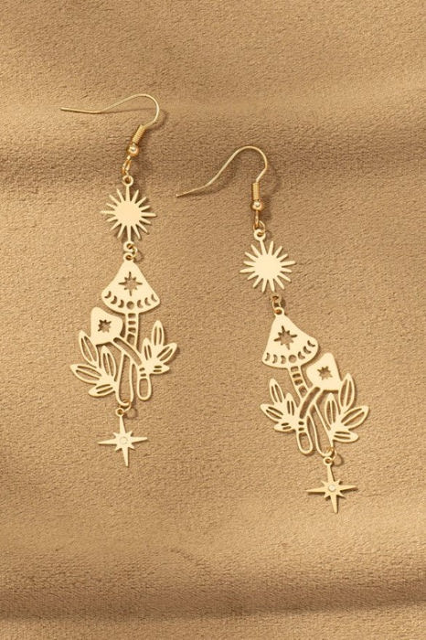 Very Carrot Brass Stamping Drop Earrings with Sun, Star and Mushroom