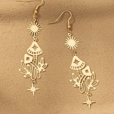 Very Carrot Brass Stamping Drop Earrings with Sun, Star and Mushroom