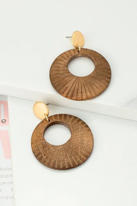 Very Carrot Etched Donut Shape Wood Drop Earring with Round Stud